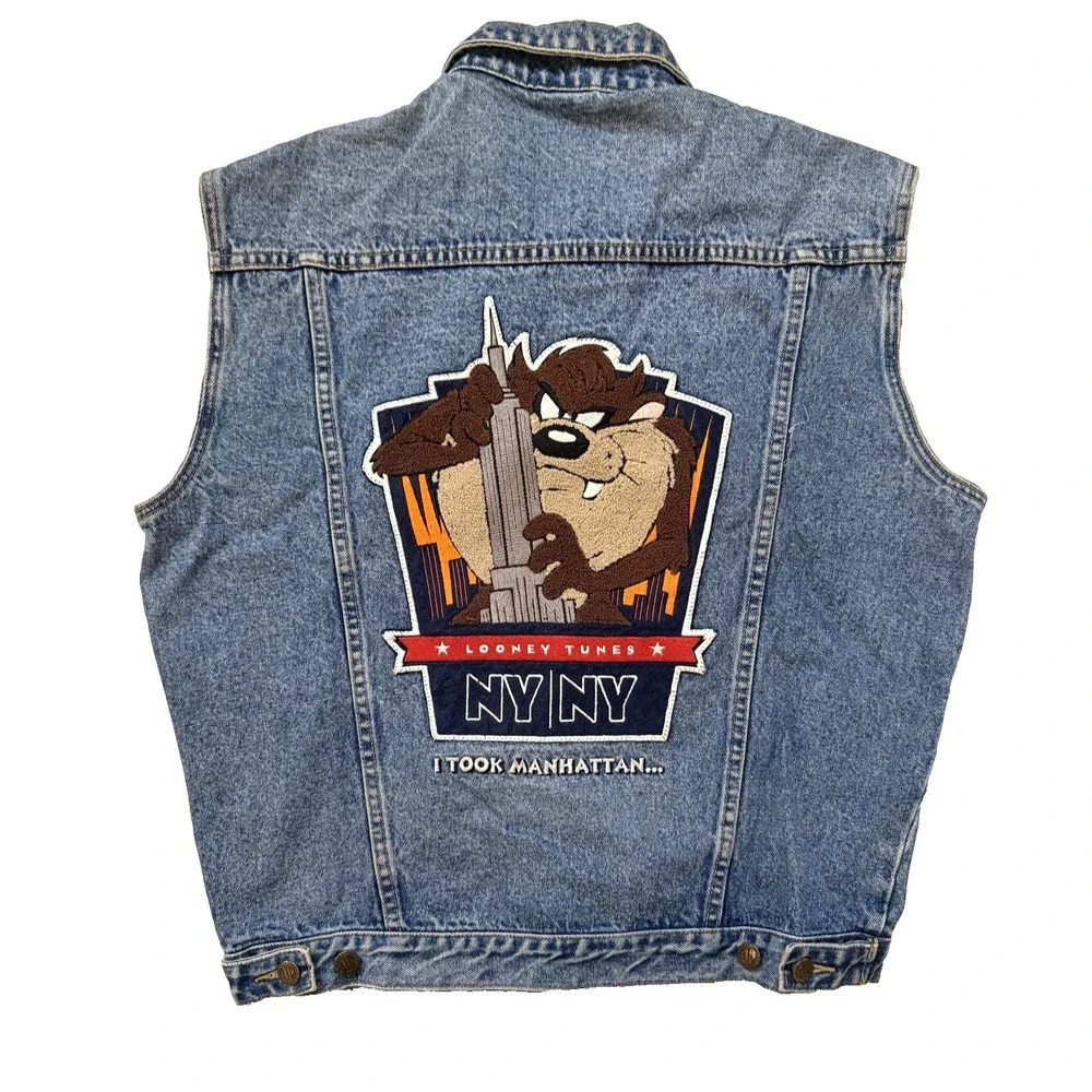 Vintage 90s‎ Looney Tunes Taz Denim Vest Warner Bros NY Manhattan SM Retro WB